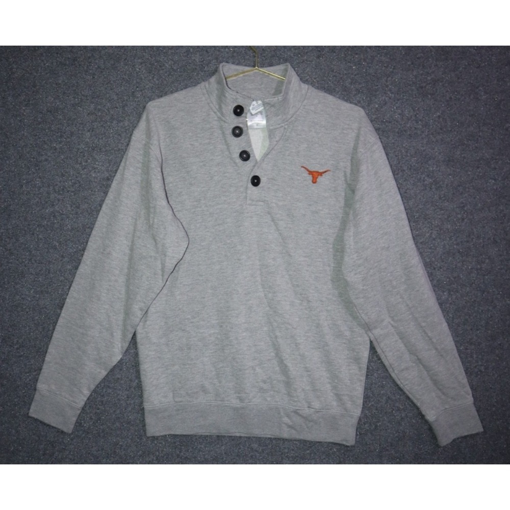 Champion Sweater Men Medium Gray V Neck 1/4 Button Texas Long Horns Pullover EUC